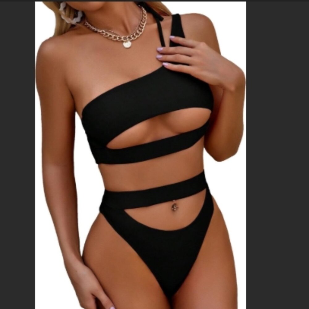 NWOT Women's Black Cutout One Shoulder Bikini Set SZ M